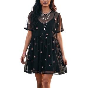 ASOS Womens Black Sheer Mesh Floral Embroidered Babydoll Top Size US 8